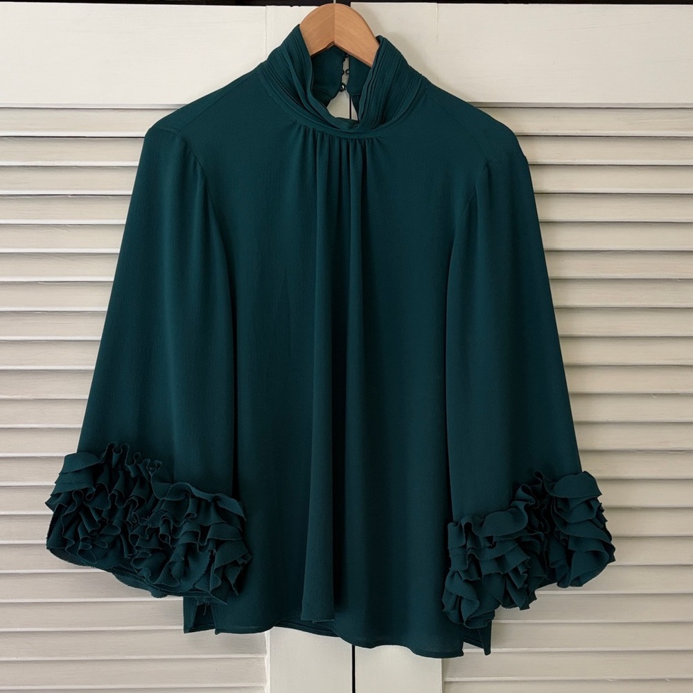 Vince Camuto Teal Ruffle-Sleeve Mock Neck Blouse